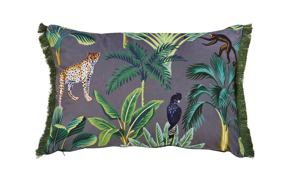 JUNGLE LIFE einseitig bedruckte Kissenhülle mit Fransen - CaraHome
